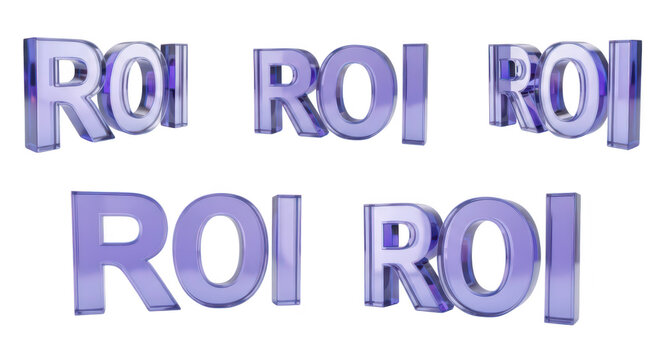 Multiple transparent ROI letters rotating against a white backdrop symbolizing financial analysis and investment returns for business presentations