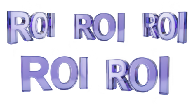 Multiple transparent ROI letters rotating against a white backdrop symbolizing financial analysis and investment returns for business presentations