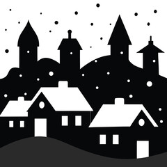 Winter village silhouette with falling snow isolated on white background