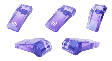 Transparent purple payment devices shown in various angles demonstrating contactless transactions on a white background for digital financial illustration