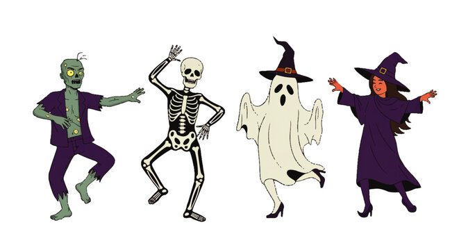Set of four dancing Halloween characters: a green zombie a skeleton a ghost in heels and a smiling witch in a purple robe.