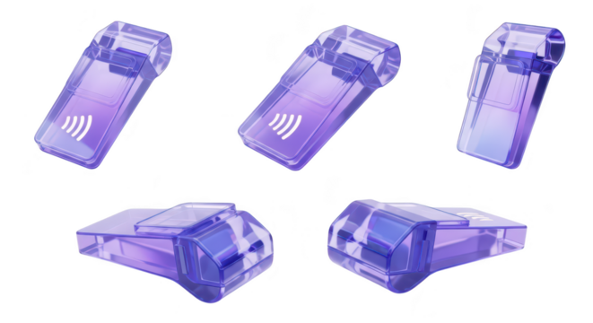 Transparent purple payment devices shown in various angles demonstrating contactless transactions on a white background for digital financial illustration
