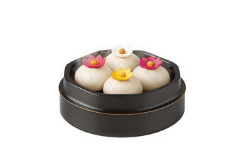 Four delicate white desserts with floral toppings in a dark bowl