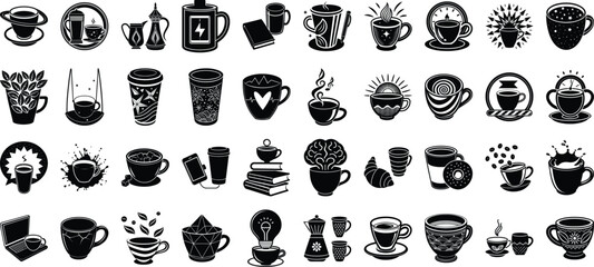 Collection of coffee cup icons and illustrations isolated on transparent background