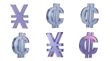 Shiny translucent currency symbols displayed on white background representing global finance & investments