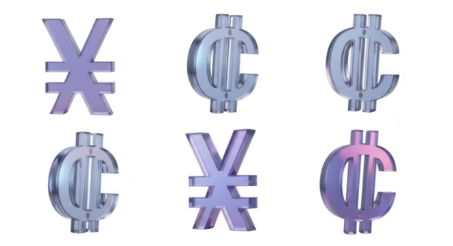 Shiny translucent currency symbols displayed on white background representing global finance & investments