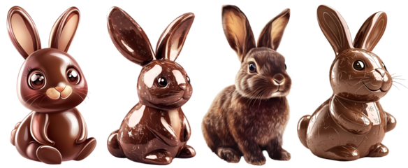 Collection of cute chocolate and brown bunny rabbits in different poses isolated on white background

