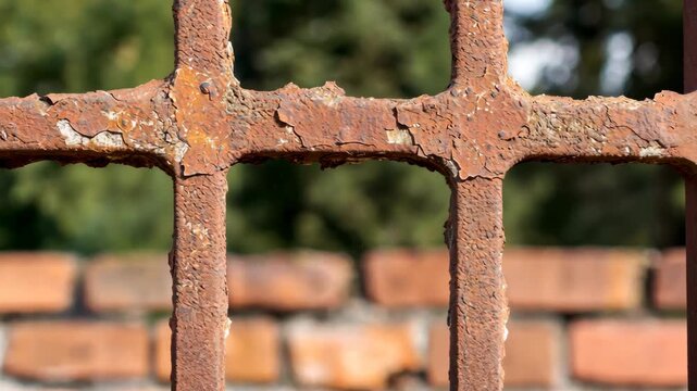 Rusty Metal Gate Detail:  Close-up of an Old, Weathered Iron Fence with Brick Wall Background