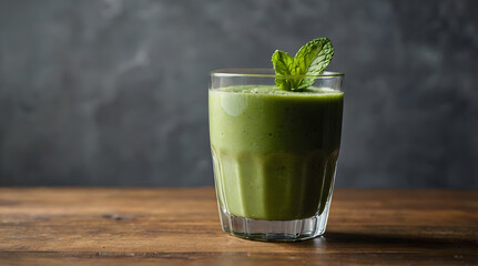 Minty Green Smoothie in Glass on Rustic Wood Table