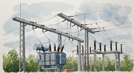 An electrical substation in watercolor style