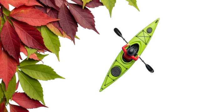 Autumnal kayaking verdant vessel amidst colorful foliage