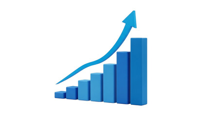 Blue bar graph with upward trend arrow isolated on transparent background