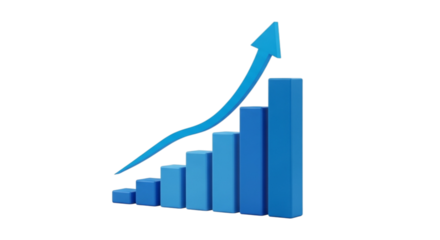 Blue bar graph with upward trend arrow isolated on transparent background