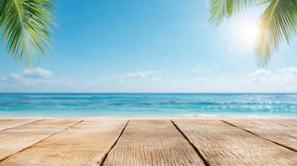 A wooden table with a view of the ocean