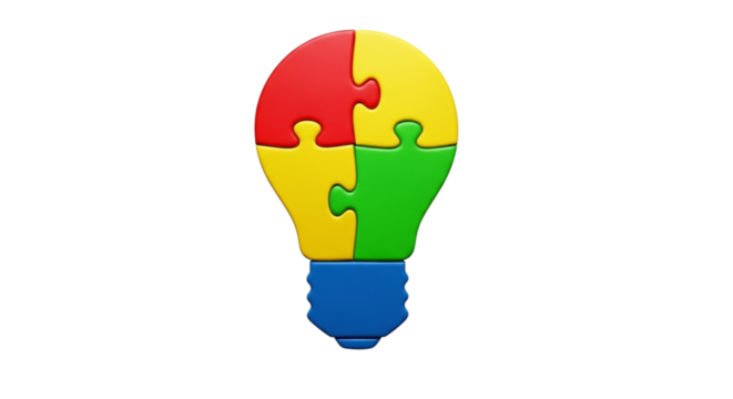 Colorful puzzle lightbulb representing ideas and creativity isolated on transparent background