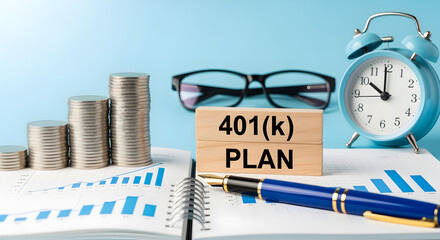 Financial Planning Illustration Featuring Coins Clock and 401k Plan on Blue Background