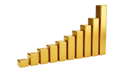 Golden bar chart showing upward trend isolated on transparent background