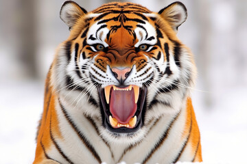 Fototapeta premium A close up of a tiger yawning in the snow