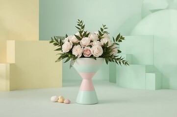 A delicate bouquet of light pink and white roses and greenery arranged in a pastel blue and pink hourglass shaped vase