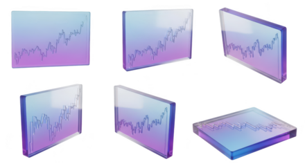 Multiple transparent glass blocks showcasing a digital stock market graph with an upward trend suitable for financial presentations
