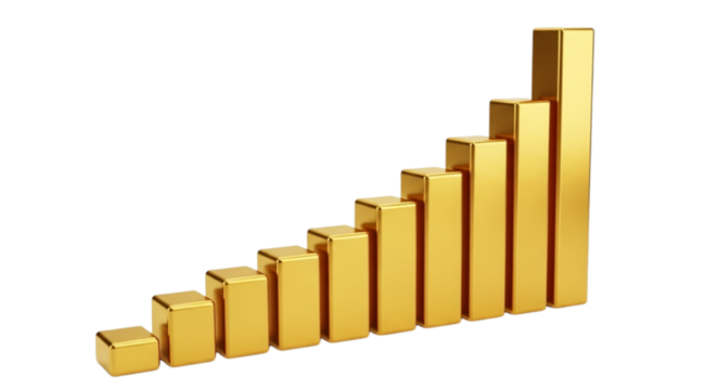 Golden bar chart showing upward trend isolated on transparent background
