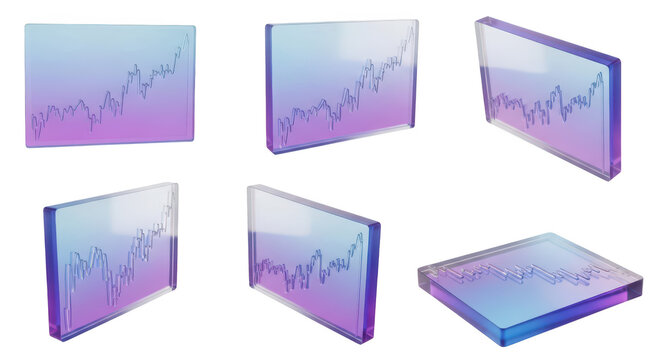 Multiple transparent glass blocks showcasing a digital stock market graph with an upward trend suitable for financial presentations