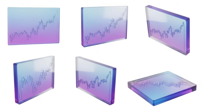 Multiple transparent glass blocks showcasing a digital stock market graph with an upward trend suitable for financial presentations
