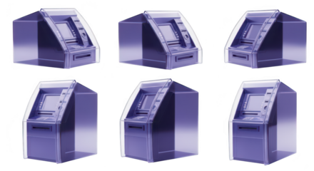 Transparent purple ATM machines in multiple views isolated on white suitable for financial banking or technological illustrations