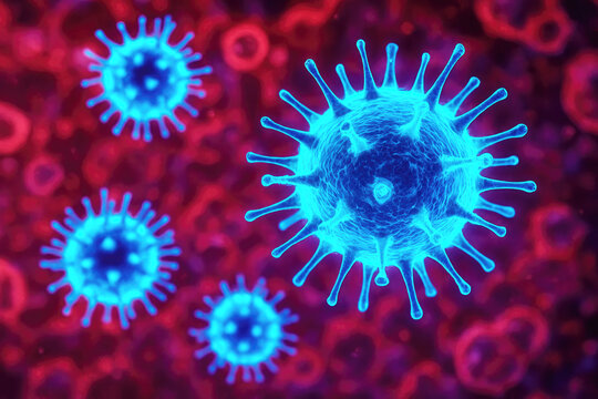 Microscopic view of blue virus structures on a vibrant red background, illustrating their complex shapes and features during a scientific analysis