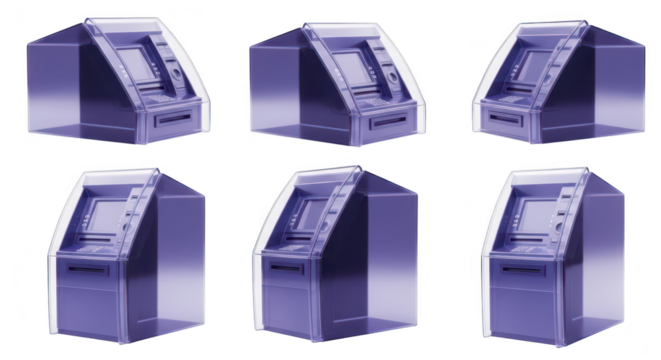 Transparent purple ATM machines in multiple views isolated on white suitable for financial banking or technological illustrations