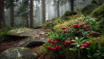 Misty forest path with red berries (1)