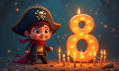 Cute Stylized 3D Pirate Boy Celebrating Birthday In Dark Mysterious Environment