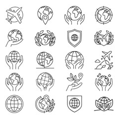 Fototapeta premium Global Travel & Location Line Icons – Minimal Outline Vector Set.