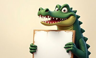 Friendly Mischievous Cartoon Crocodile Holding Large Blank Sign Against Muted Beige Background with Copy Space