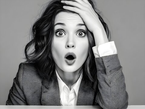 Surprised shock: hand over forehead as if just remembering something, mouth in “o” shape, hair falling forward, office fashion.