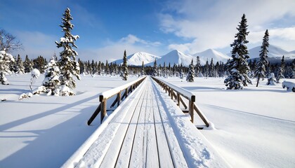 Snowy winter landscape with wooden bridge