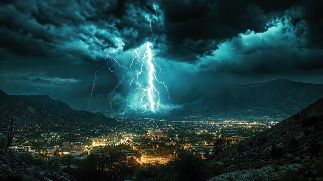 Lightning Storm Over Cityscape at Night