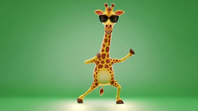 3D cartoon giraffe grooving with sunglasses, dancing side to side on a green screen background