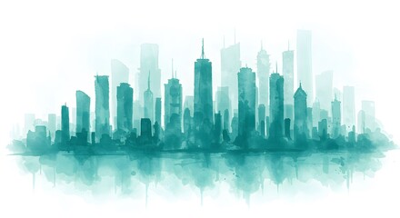 Tranquil misty blue skyline cityscape in a minimalist watercolor style