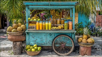 Vibrant turquoise cart laden with tropical fruits and juices