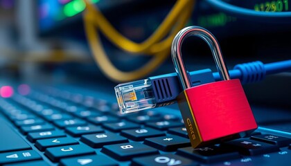 Network security, locked data access, padlock on ethernet cable against keyboard,   wire,  digital security