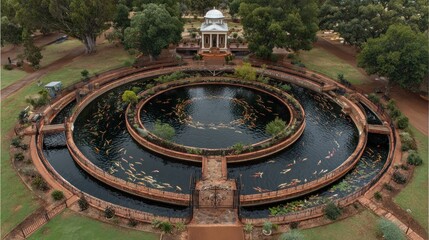Circular koi ponds in a landscaped park