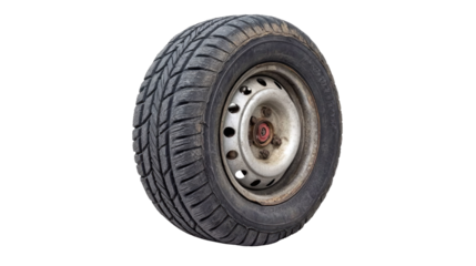 Old and Worn Tire on Alloy Wheel Isolated on White Background Ideal for Automotive and Transportation Themes