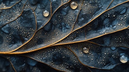 Fototapeta premium Close-up of water droplets on dark leaves with texture