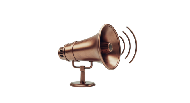 Bronze bullhorn amidst a pixilated realm