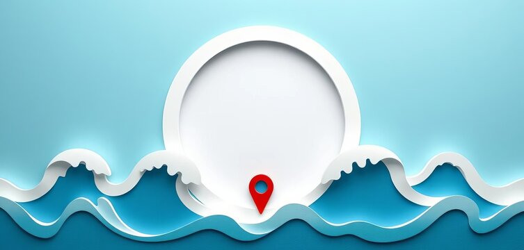 Paper cut ocean wave inside location marker; minimal flood alert icon,  signage,  disaster