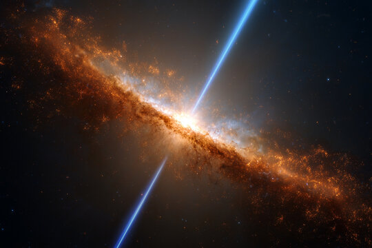 Disque d'accr&eacute;tion d'un trou noir supermassif &eacute;mettant un puissant jet bipolaire de plasma.
