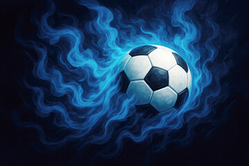 Obraz premium Dynamic soccer ball surrounded by swirling blue smoke creating a dramatic and energetic visual effect