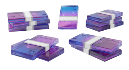 Abstract glass money bundles arranged on white surface showcasing potential investment themes with blurred backgrounds