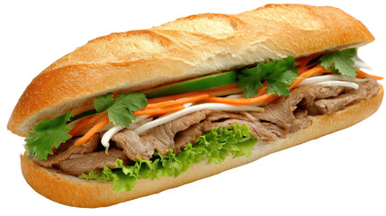 Freshly Made Vietnamese Sandwich with Cilantro, Carrots, Cucumbers, and Tender Meat on Crisp Baguette